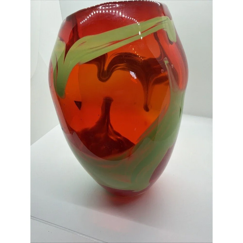Rainbow CASED GLASS  10” Watercolor Heavy Art Glass Hand Blown Vase- Red Green